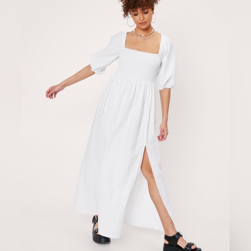 Nasty Gal Collectable Shirred Bodice Puff Sleeve Maxi Dress Bump Friendly
